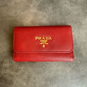 Prada Key and Card Holder Red Saffiano Leather with Gold Logo